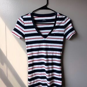 Tommy Hilfiger Navy, White & Red Striped V-Neck Short Sleeve Top